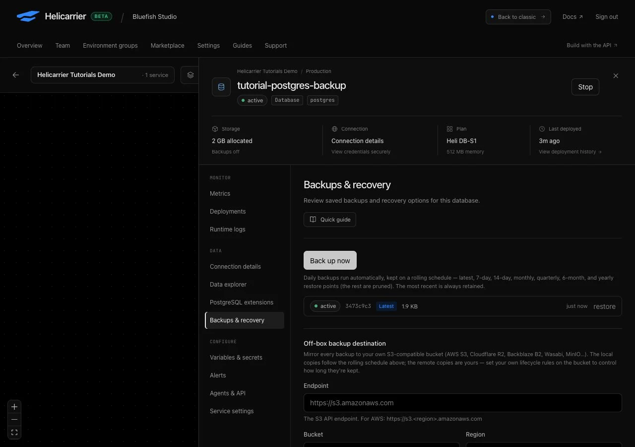 A completed manual PostgreSQL backup with a Latest label, size, and restore action
