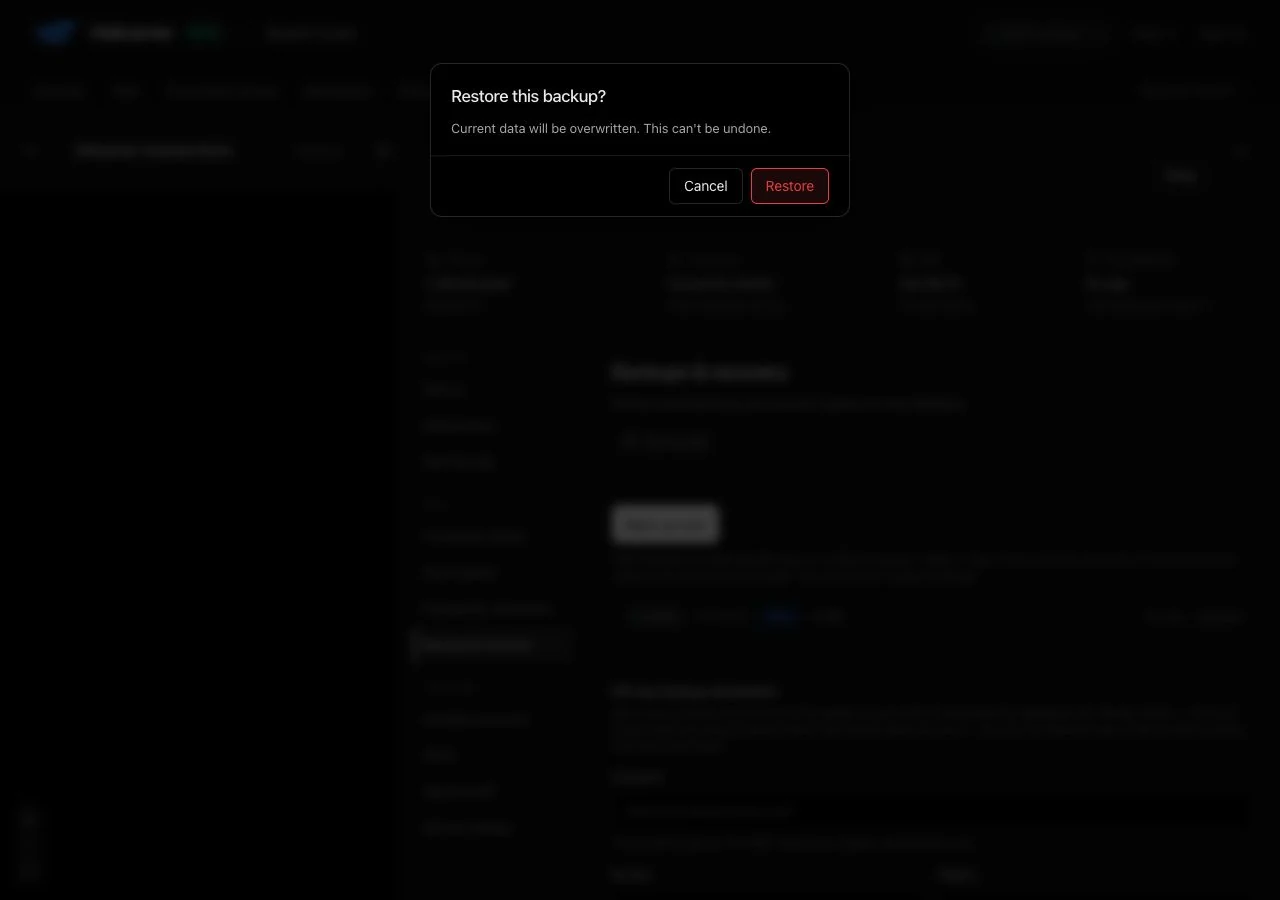 Helicarrier’s restore confirmation warning that current data will be overwritten