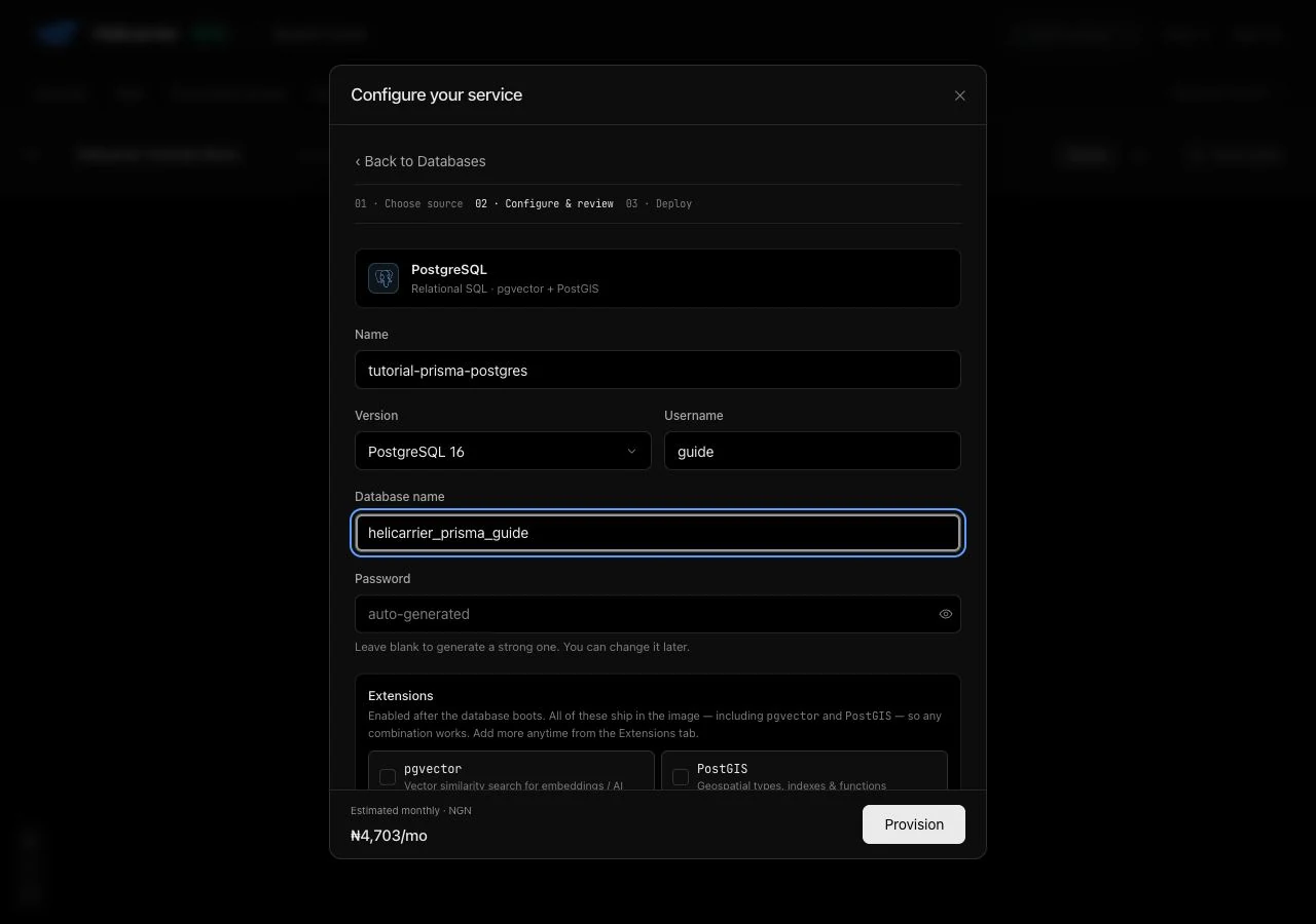 PostgreSQL 16 setup for the separate Prisma tutorial database with an automatically generated password