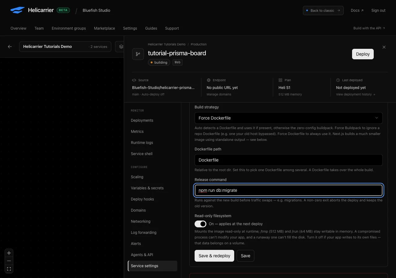 Dockerfile settings with npm run db:migrate as the release command and read-only filesystem enabled