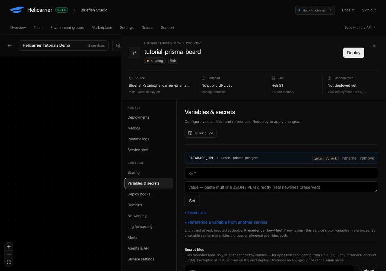 DATABASE_URL linked to tutorial-prisma-postgres using an internal URL reference