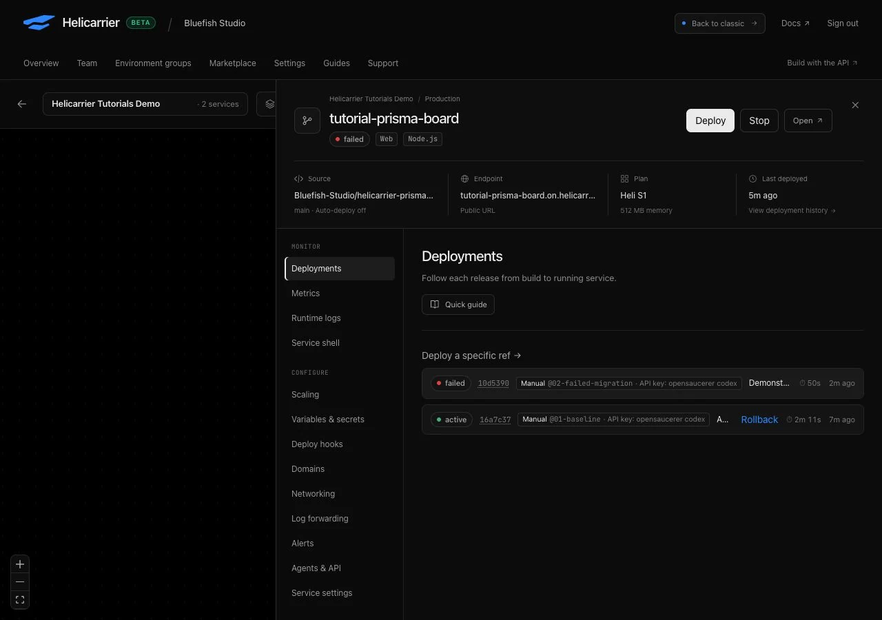 Deployment history showing the intentionally failed migration release