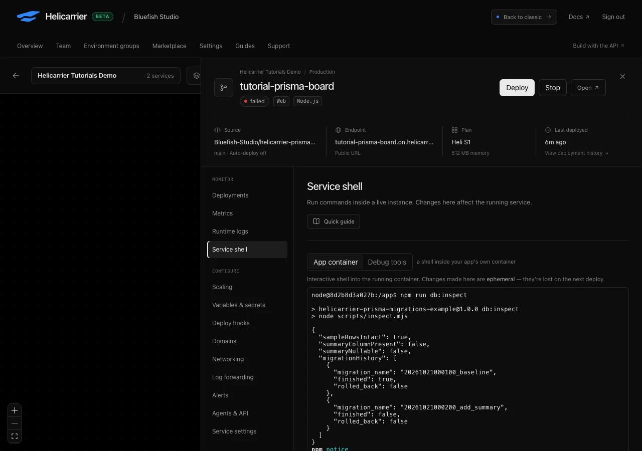 The live app shell confirming intact sample rows, an absent summary column, and an unresolved failed migration