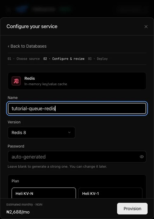 Redis creation form with tutorial-queue-redis, version 8, and an empty password field
