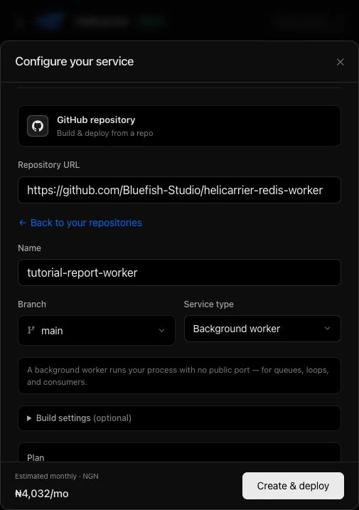 GitHub service form showing the main branch and Background worker selected