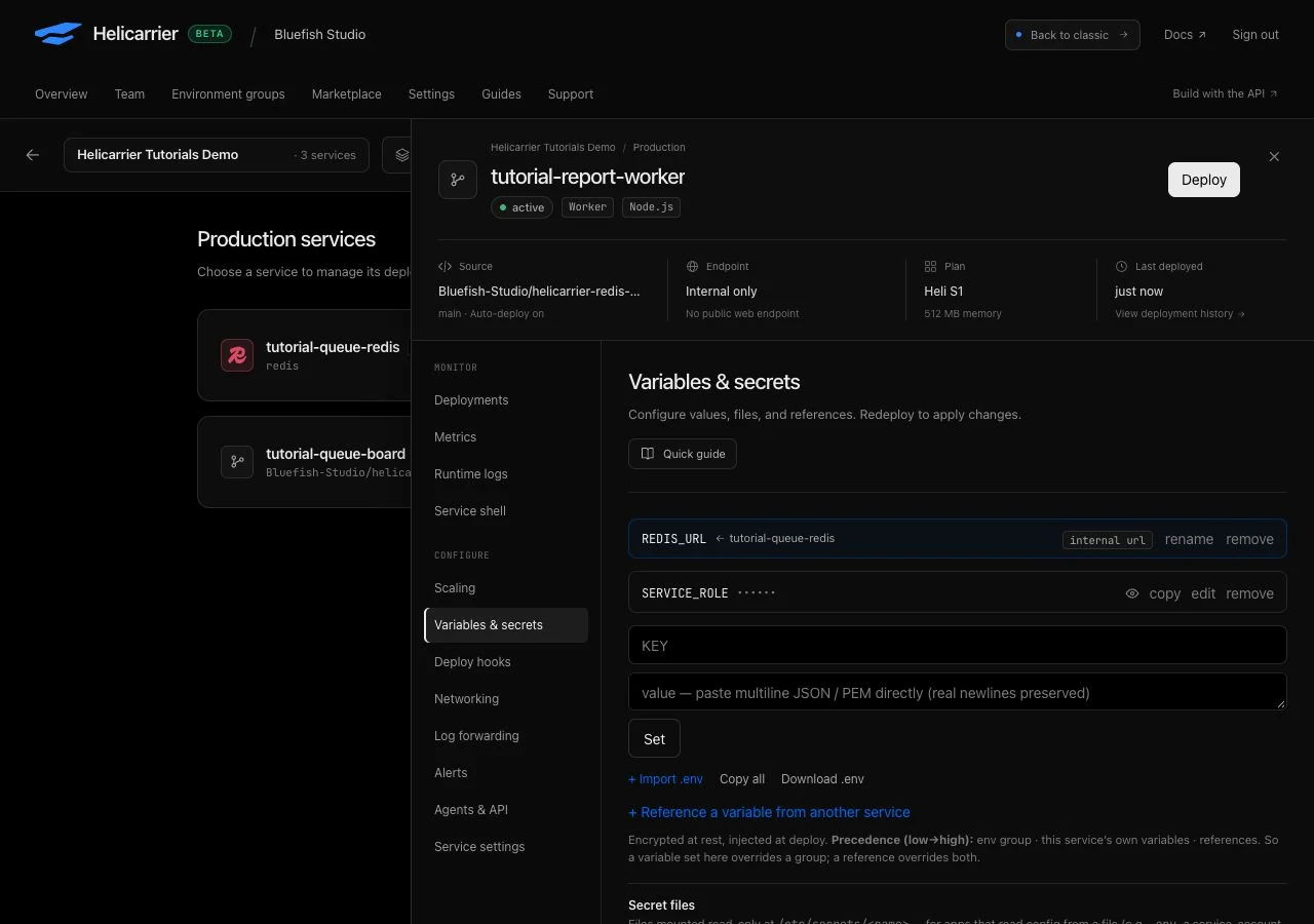 Worker variables panel showing REDIS_URL linked to tutorial-queue-redis through an internal URL