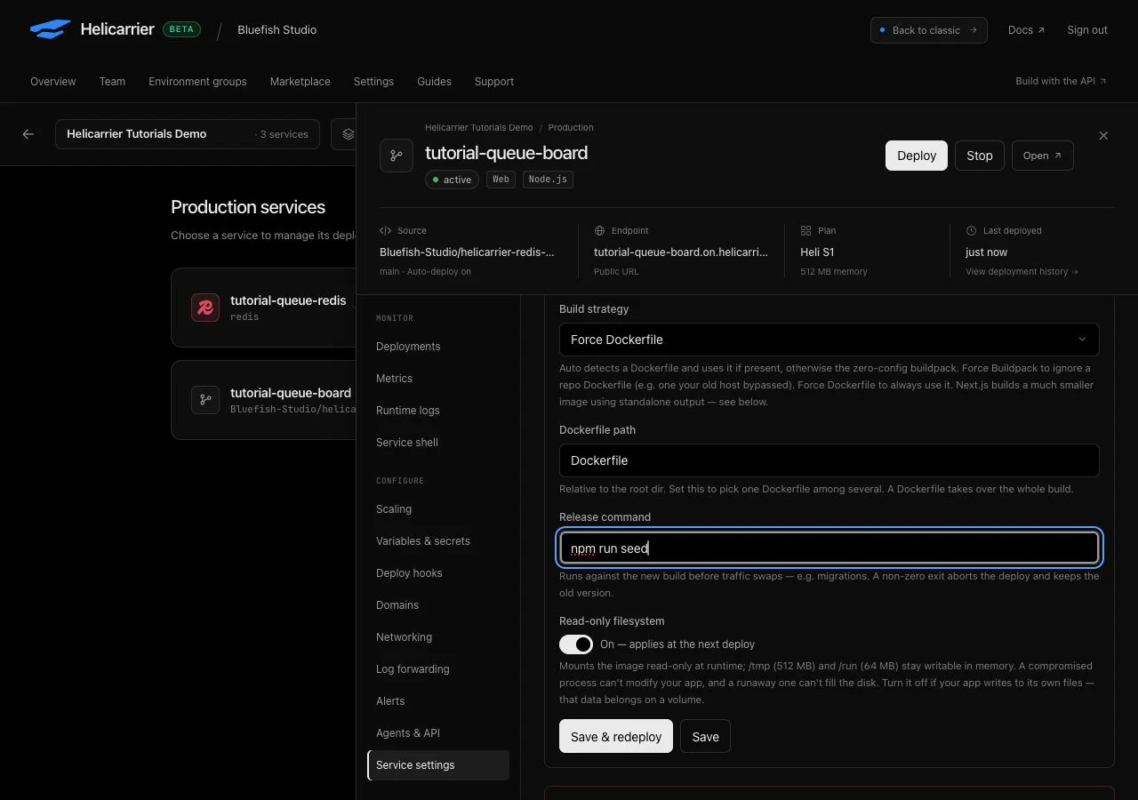 Web service build settings with npm run seed as the release command and a read-only filesystem