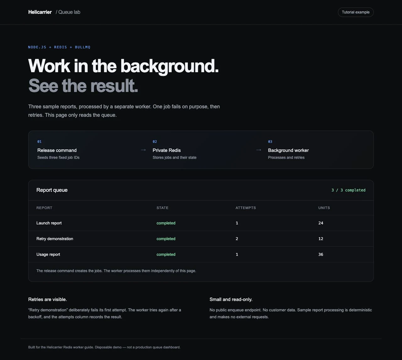 The deployed queue dashboard with three completed reports and attempt counts 1, 2, and 1