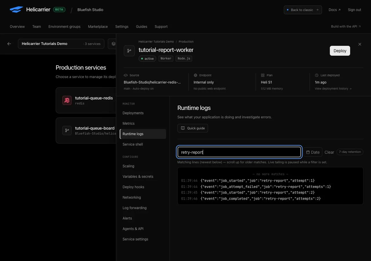 Worker runtime logs filtered to retry-report, showing a failed first attempt and successful second attempt