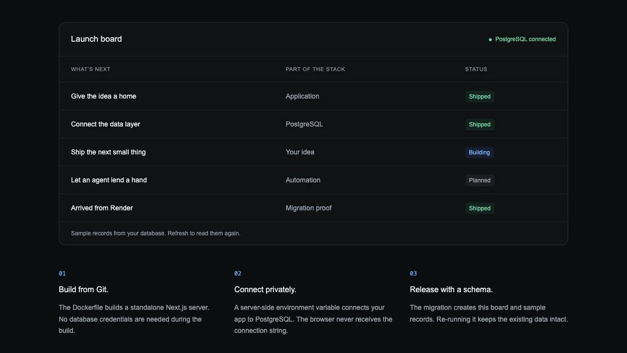 The Render-hosted launch board showing five records, including Arrived from Render