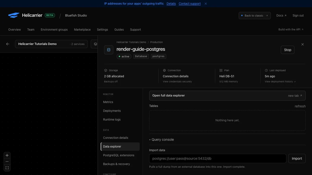 The Helicarrier data import showing Import complete with the credential field cleared