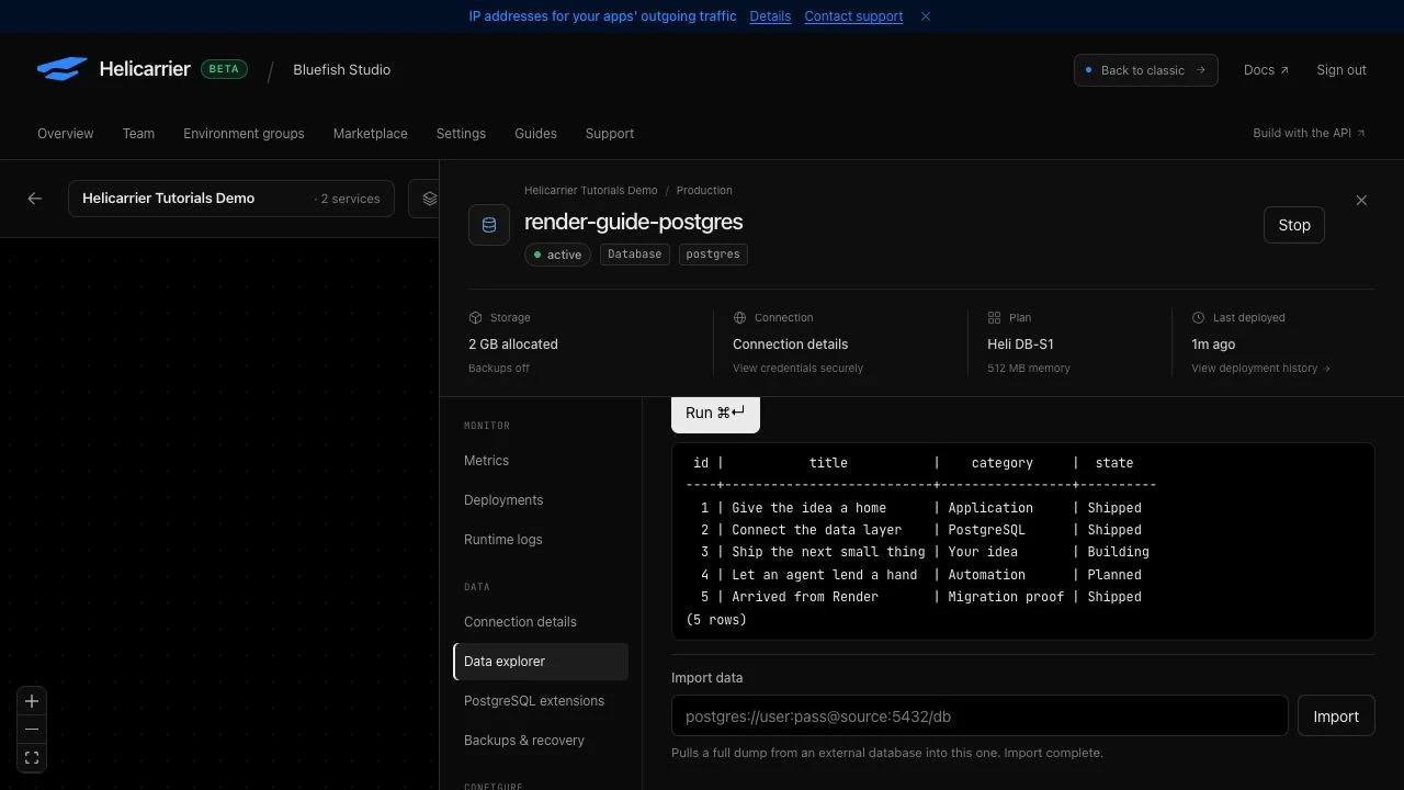 Helicarrier query output with all five source records and the Render migration proof row