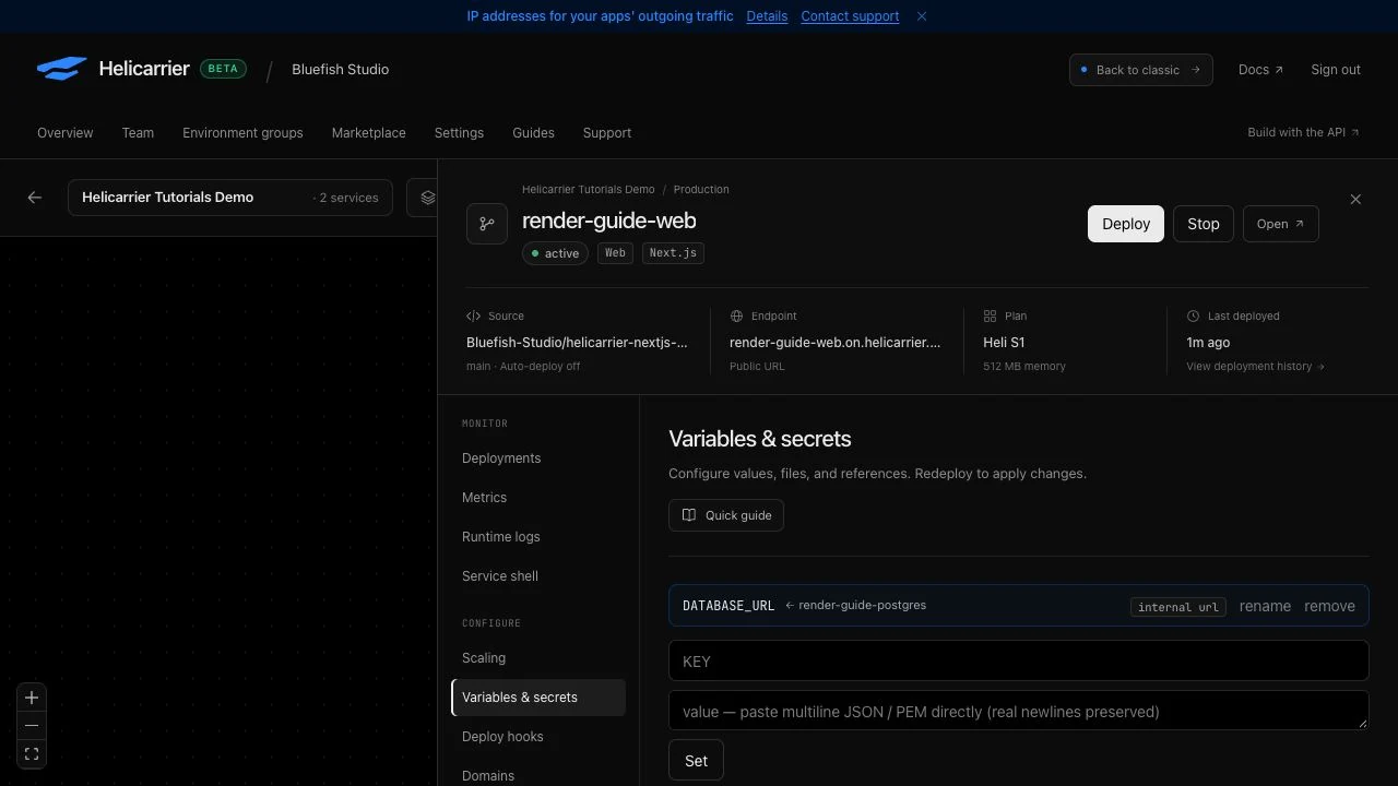 The app’s DATABASE_URL reference pointing at render-guide-postgres through its internal URL